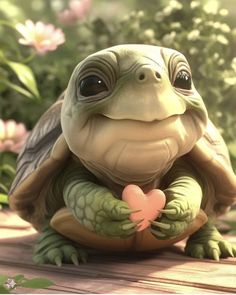 a small turtle holding a heart in its paws