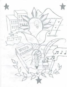 a drawing of a person holding a book with music notes and stars around it in the background