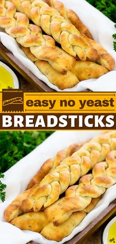 breadsticks on a tray with olive oil and parsley in the background text reads easy no yeast bread