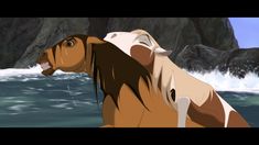 an animated horse standing in the water next to a rock formation with waves coming up behind it