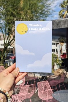 bobo design studio's thanks i hate it here notepad held up with palm springs in the background I Hate It Here, Boo Baskets, Black Journals, Art Doodles, Zoom Meeting, Dont Care, You Dont Care, Taking Notes, Sun Is Shining