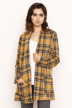 Mustard Plaid Elbow Patch Cardigan With Pockets_M Trendy Tops For Fall Daywear, Plaid Cotton Sweater For Fall, Chic Plaid Long Sleeve Cardigan, Chic Plaid Cardigan With Long Sleeves, Trendy Open Front Tops For Fall, Fall Daywear Tops With Open Front, Cotton Open Front Tops For Fall, Cotton Open Front Top For Fall, Open Front Cotton Top For Fall