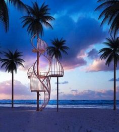 a spiral staircase on the beach with palm trees in the foreground and an ocean view behind it