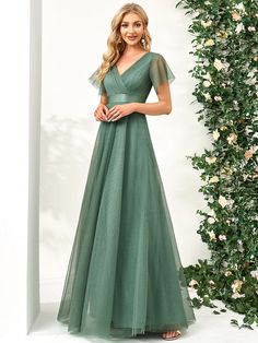 Double V-Neck Floor-Length Short Sleeve Tulle Bridesmaid Dresses #color_Green Bean Romantic Bridesmaid Dresses, Mesh Prom Dress, Short Sleeve Bridesmaid Dress, Mesh Bridesmaids Dress, Womens Bridesmaid Dresses, Tulle Bridesmaid, Bridesmaid Dresses With Sleeves, Tulle Bridesmaid Dress, Tulle Evening Dress