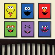 the sesame street characters are featured in this set of four square paintings, each with different facial expressions