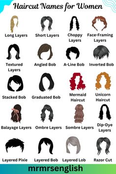 Haircut Names for Women in English with Pictures: Pixie Cut, Bob Cut, Blunt Cut, Layered Cut, Feathered Cut, Asymmetrical Cut, Undercut Capcut Haircut, Haircut Types For Women Chart, Type Of Haircut For Women, Haïr Cut Name For Women, Types Of Hair Styles Names, Short Haircut Names For Women, Haircut With Names, Different Types Of Haircuts For Women, Haircut Names Women