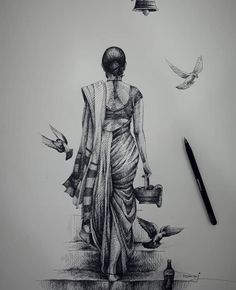 a pencil drawing of a woman with birds flying around her and holding a basket in her hand