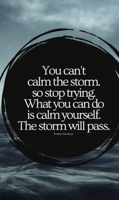 a black circle with the words you can't calm the storm, so stop trying what you can do is calm yourself