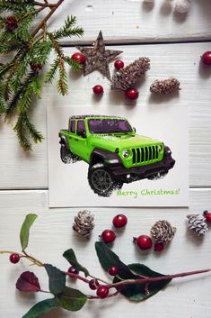 a christmas card with a red jeep on it