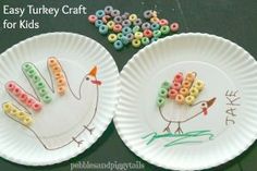 two paper plates with colorful beads on them and one has a turkey craft for kids