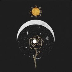 the sun and moon are in the sky above a flower on a black background with stars