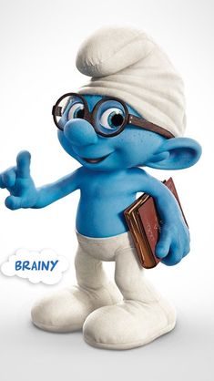 the smurf is holding a book and pointing to it's left side