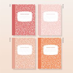 four different colored notebooks with white writing on the front and green, yellow, and orange