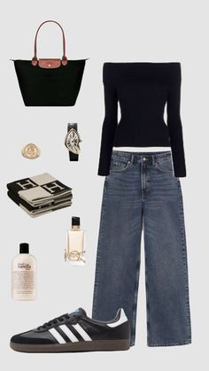 a woman's outfit with jeans, sneakers and a handbag