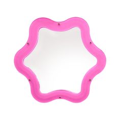 a mirror that is shaped like a flower on a white background with pink trimmings