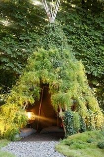 an outdoor tent with plants growing out of it's sides and sunlight shining through the trees