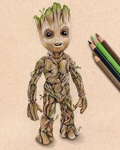 a pencil drawing of a groote from the avengers movie, with two colored pencils next to it