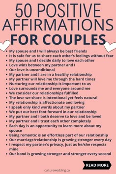 a pink poster with the words 50 positive affirmations for couples on it