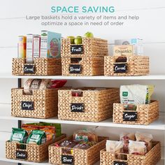 the shelves have baskets with labels on them and labeled space saving items in each basket