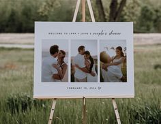 an easel holding a sign that says welcome to the couple and has three photos on it