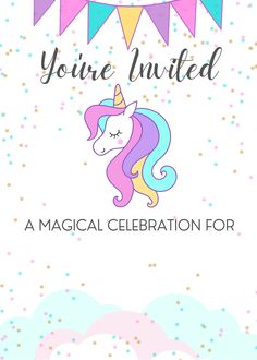 a unicorn birthday party ticket with the words you're invited