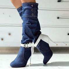 Category:Boots; Upper Materials:Denim; Embellishment:Buckle; Season:Winter,Fall; Heel Type:Cone Heel; Gender:Women's; Toe Shape:Round Toe; Type:Mid Calf Boots; Style:Minimalism,Casual,Vintage; Heel Height(inch):1-2; Outsole Materials:Rubber; Occasion:Outdoor,Daily; Closure Type:Zipper; Pattern:Solid Color; Listing Date:09/11/2023; Production mode:External procurement; 2023 Trends:Heel Boots,Plus Size,Slouchy Boots; Heel Height:Low Heel Denim Knee High Boots, Stiletto Heel Boots, Slouch Boots, Slouchy Boots, Denim Boots, Womens Stilettos, Chic Type, Estilo Chic, Buckled Heels