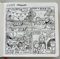 a comic strip is shown in the middle of an open notebook with writing on it