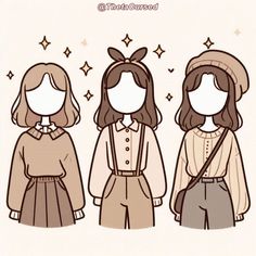 three girls in different outfits standing next to each other with stars on their foreheads