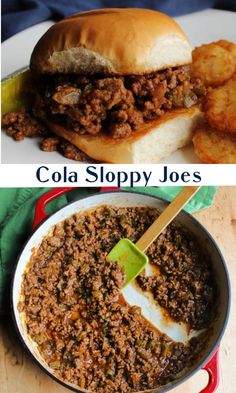 collage of sloppy joes and coleslaw with text that reads cola sloppy joes