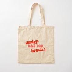 100% cotton reusable shopping carry bag with digital print on one side. Introducing our latest design on Redbubble - "Sundays are for Formula 1"! If you're a fan of the fast-paced world of Formula 1, then this retro-inspired text-based design is perfect for you. Featuring the iconic bubble font, the bold statement "Sundays are for Formula 1" is front and center, reminding everyone that race day is the ultimate day of the week. The design is available in shades of the iconic F1 red and a lighter Cotton Canvas Bag With Letter Print For Weekend, Formula 1 Embroidery Designs, Retro Cotton Bag With Letter Print, Retro Cotton Bags With Letter Print, Formula 1 Design Graphic, Retro Formula 1, Retro Red Cotton Bag, Formula 1 Merch, F1 Tote Bag