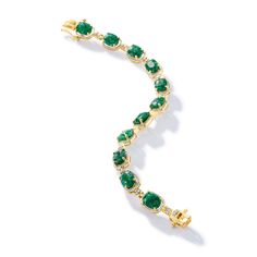 Ross-Simons - 13.00ct t. w. Emerald, .21ct t. w. Diamond Bracelet Over Sterling. 7". A sophisticated classic, this bracelet features 13.00 ct. t. w. rectangular cushion-cut emeralds sparked by .21 ct. t. w. diamonds in polished 18kt yellow gold over sterling silver. Double-latch safety. Box clasp, diamond and emerald bracelet. Emerald birthstones are the perfect gift for May birthdays. Formal Fine Jewelry Crystal Bracelet With Diamond Accents, Classic Gemstone Tennis Bracelet For Anniversary, Classic Crystal Bracelet With Diamond Accents For Formal Occasions, Formal Yellow Gold Tennis Bracelet With Sparkling Stones, Green Cubic Zirconia Tennis Bracelet For Formal Occasions, Elegant Green Diamond Bracelet With Accents, Formal Green Cubic Zirconia Tennis Bracelet, Elegant Green Round Chain Bracelet, Formal Cubic Zirconia Tennis Bracelet With Handset Stones