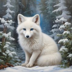 a painting of a white wolf sitting in the snow with trees and bushes behind it