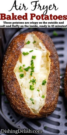 air fryer baked potatoes with parmesan cheese and chives on the inside