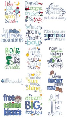 a cross stitch pattern with the words and phrases for children's nursery room decor