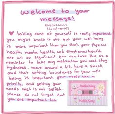 a pink and white sign that says welcome to your message