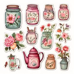 a bunch of stickers with flowers and jars on them, all in different colors