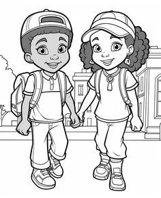 a boy and girl holding hands while standing in front of a building with their backpacks on