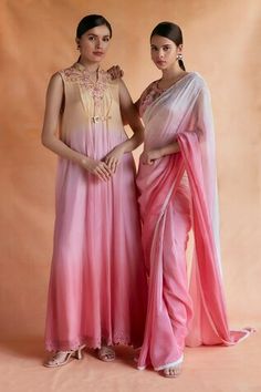 Pink saree with ombre shaded details and lace border detail. Paired with a cap sleeves floral thread embroidered blouse. - Aza Fashions Traditional Drape Dress With Lace Work, Lace Border Saree, Ombre Lace, Border Saree, Blouse For Women, Lace Border, Pink Saree, Embroidered Blouse, Embroidery Thread