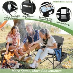 two people sitting around a campfire with the words more space, more convenience