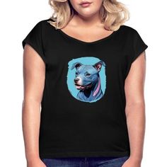 a woman wearing a black shirt with a blue dog on it's chest and head