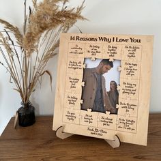 a personalized wooden frame with an image of a man and woman in the center