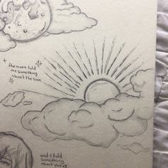 a drawing of the sun and clouds with some words on it