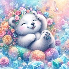 a painting of a polar bear with flowers on its head