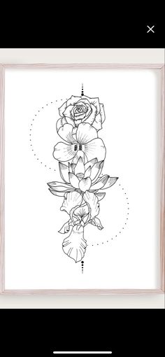 a black and white drawing of flowers in a frame