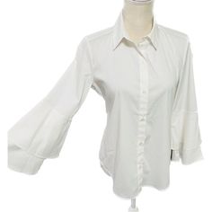 Nwt Calvin Klein Tiered Trumpet Sleeve Button Down Tunic Blouse Size Small White Fitted White Calvin Klein Shirt, White Blouse With Button Closure For Office, White Office Wear Blouse With Button Closure, Chic White Blouse With Covered Buttons, Calvin Klein White Long Sleeve Shirt, Elegant Button-up Cotton Blouse, Classic Calvin Klein Tops For Spring, Spring Office Wear Blouse With Buttons, Calvin Klein White Shirt For Spring