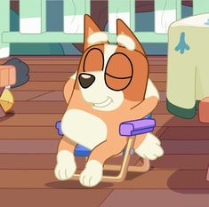 a cartoon dog sitting on top of a wooden floor next to a table and chair