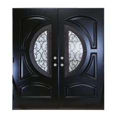 black double doors with glass panels and decorative designs on the front door, isolated against a white background