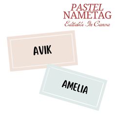 two name tags with the words avak and amelia in black on them