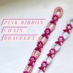 the pink ribbon chain bracelet is made with white and pink beads, which are attached to each other