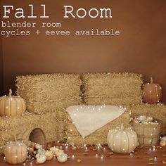 hay bales and pumpkins are arranged on the floor in front of a brown wall